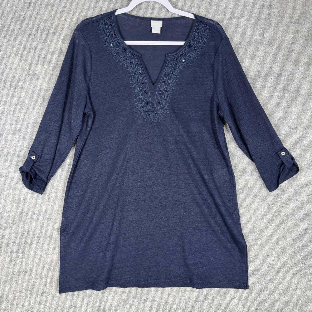 Chicos Size-1 Womens Tunic Top Navy Blue 100% Linen Embroidered Sequin